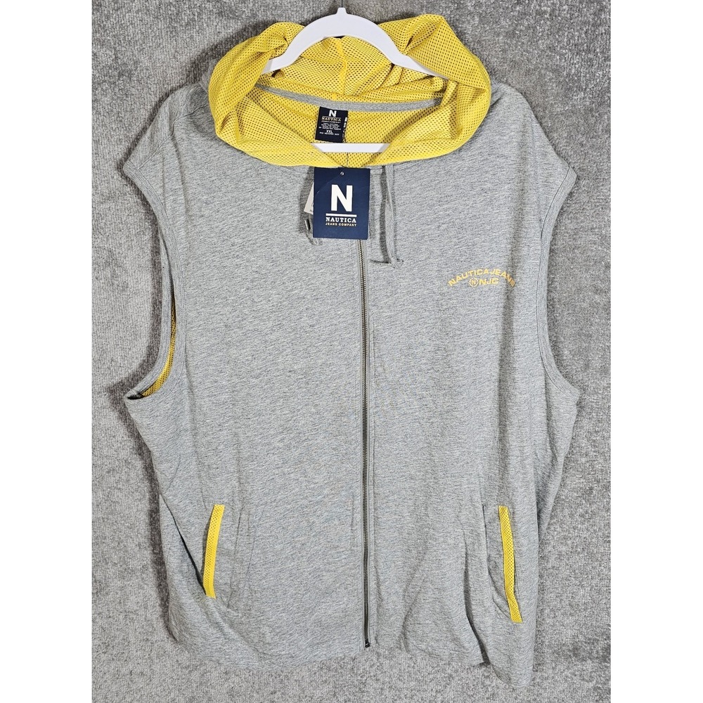Nautica Jeans Sleeveless Hooded Zip Up Jacket Mens XXL Gray Yellow Pockets New